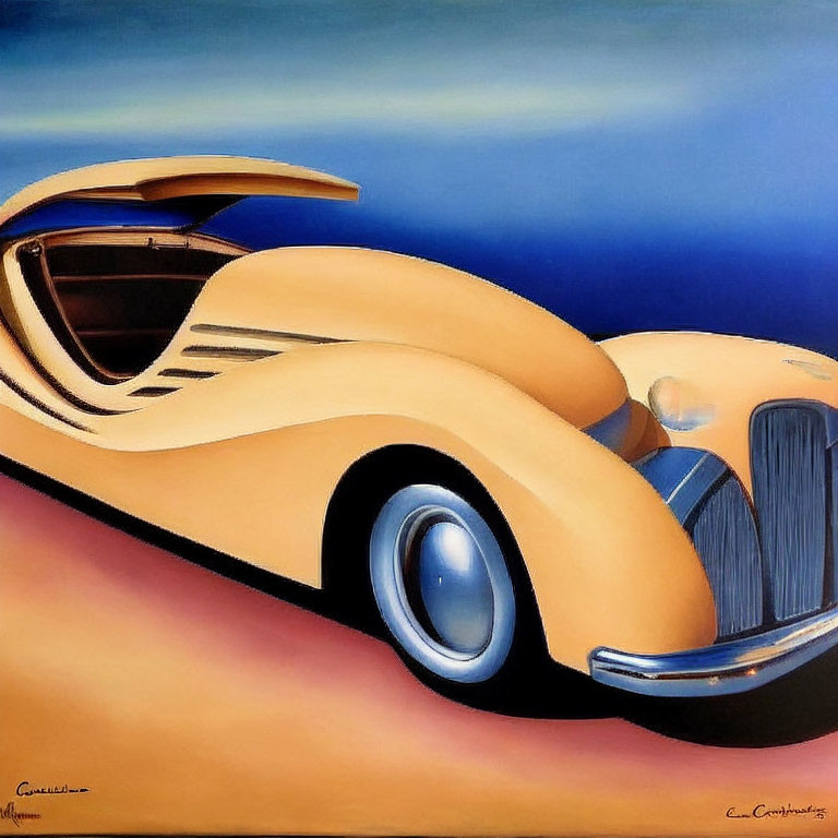 Vintage Car Painting with Open Gull-Wing Door and Bold Colors