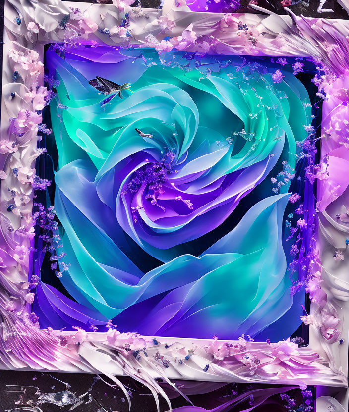 Colorful digital artwork: Turquoise vortex with purple flowers and butterflies