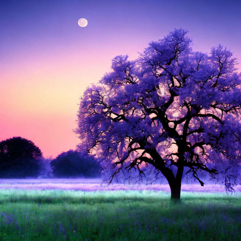 Majestic tree with blossoming flowers under twilight sky in purple dusk field