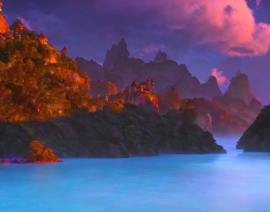 Fantasy landscape with turquoise waters, misty mountains, and glowing castles at twilight