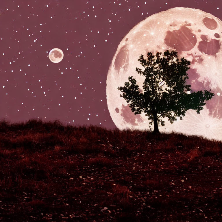 Solitary tree on hill under starry night sky with oversized full moon