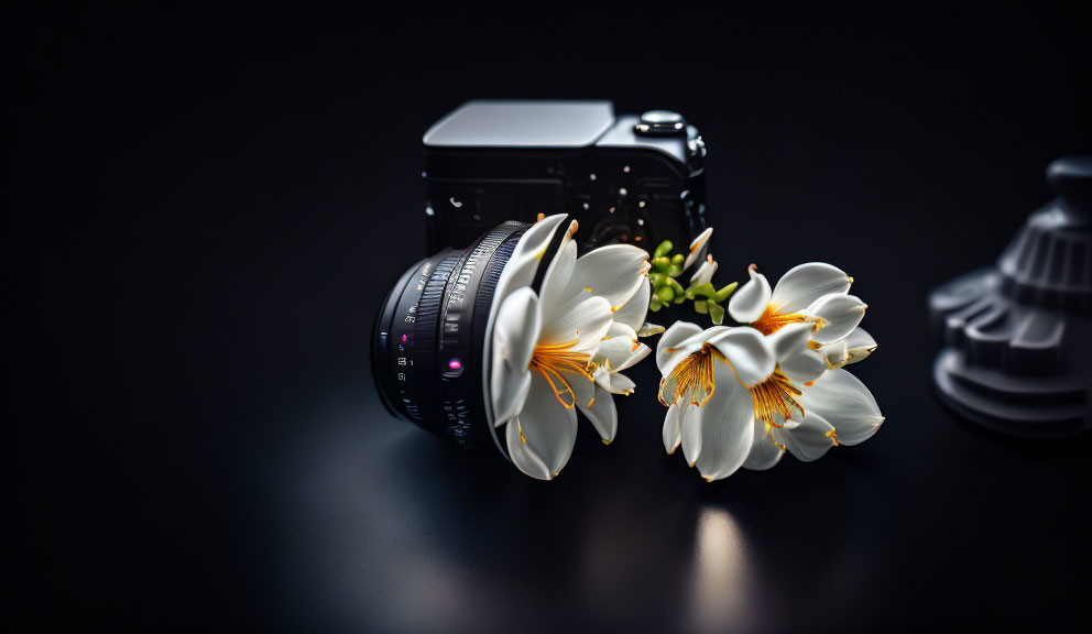 Vintage Camera with Detached Lens and White Flowers on Reflective Surface