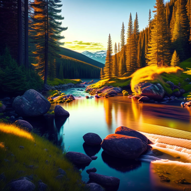 Tranquil river in vibrant forest with sunlight and mountains