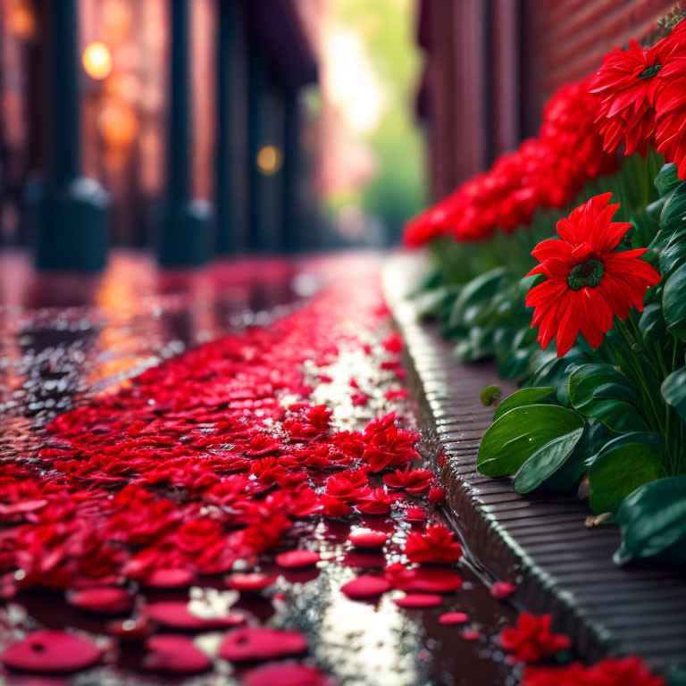 Red Petals on Wet Cobblestone Path with Fresh Flowers and Bokeh Lights