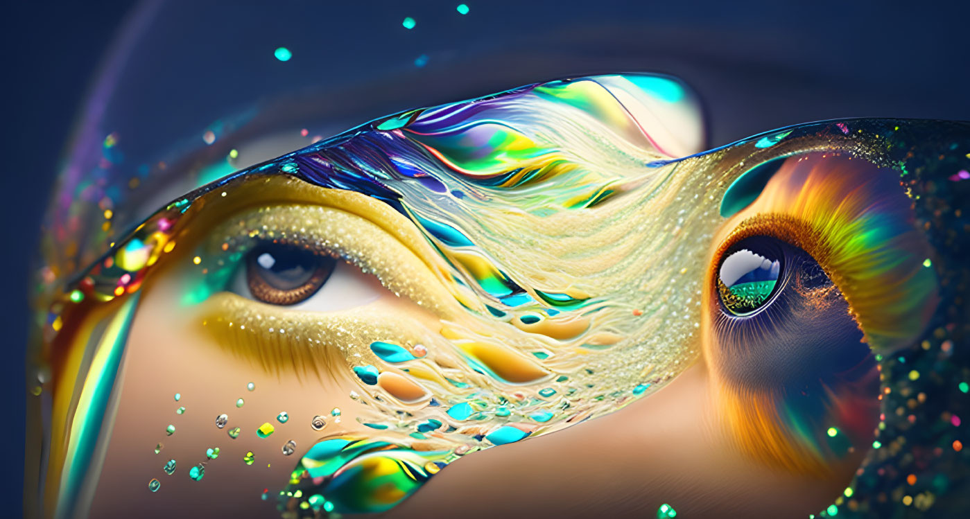 Surreal multi-colored liquid layer over human eye with shiny texture