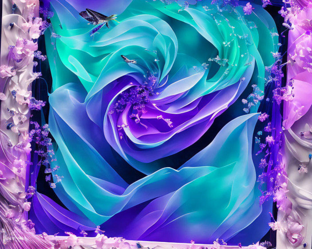 Colorful digital artwork: Turquoise vortex with purple flowers and butterflies