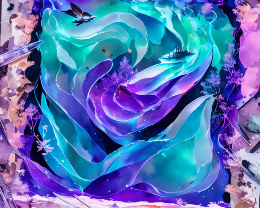 Colorful Abstract Digital Art with Blue and Purple Swirls, Pink Accents, Flowers, Butter