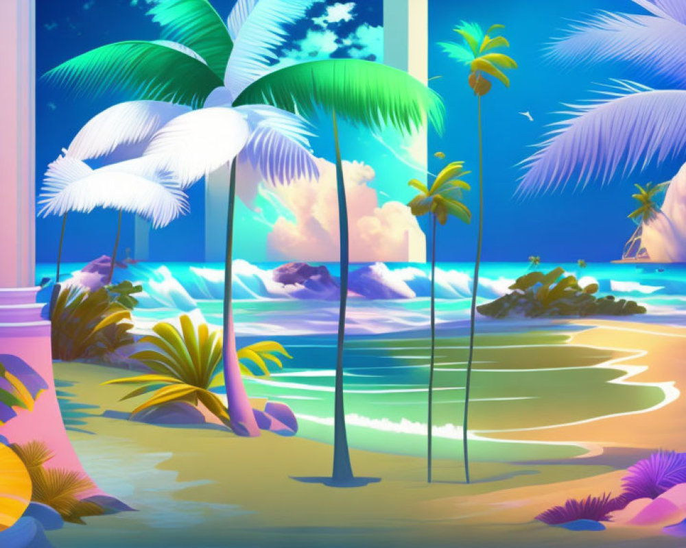 Tropical beach digital art with palm trees and pastel sky