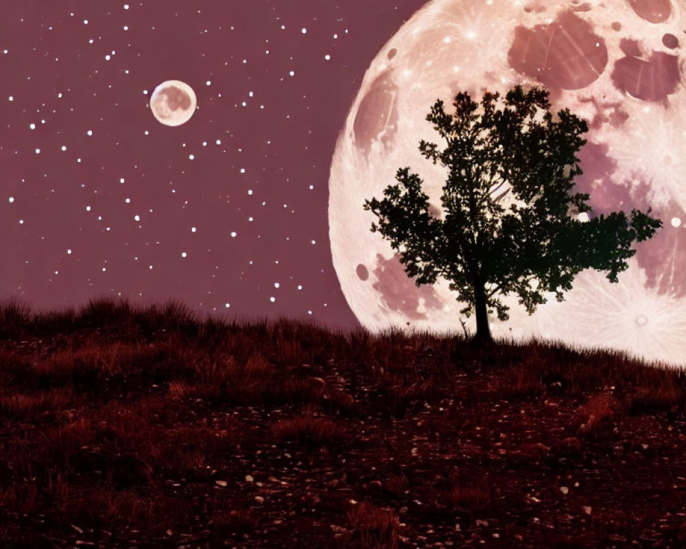 Solitary tree on hill under starry night sky with oversized full moon