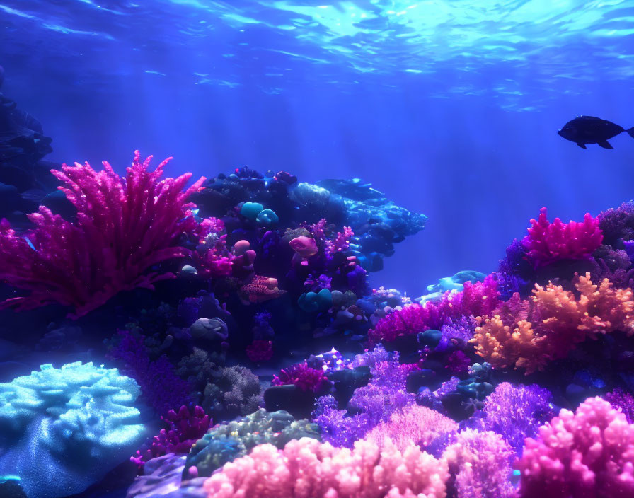 Colorful Coral Reef with Solitary Fish in Dappled Sunlight