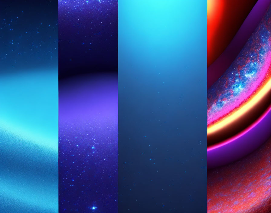 Four Vertical Panels with Cosmic-Themed Backgrounds and Vibrant Ringed Planet