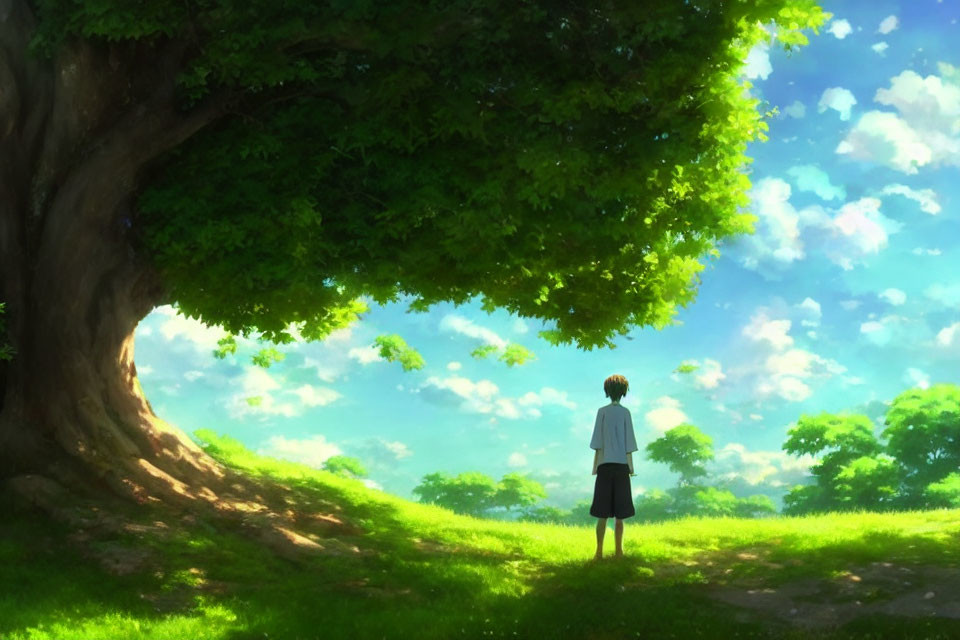 Person standing under lush tree on sunny day with clear sky and fluffy clouds