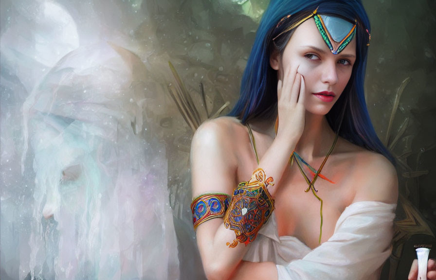 Digital artwork: Woman with Blue Hair and Jewelry in Mystical Theme