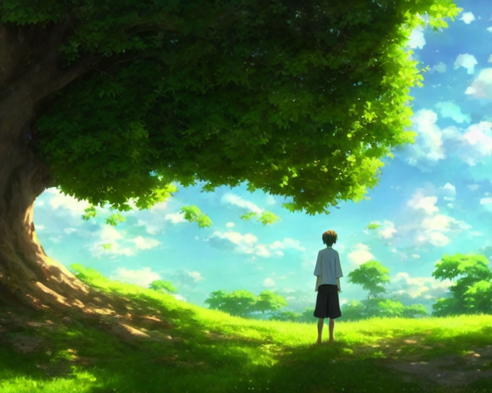 Person standing under lush tree on sunny day with clear sky and fluffy clouds