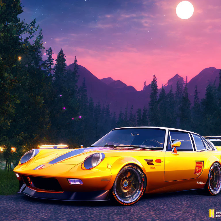 Yellow Sports Car Parked in Mountain Sunset Scene