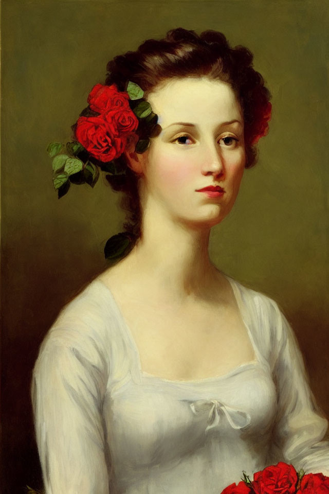 Portrait of woman with red roses in hair and bouquet, wearing white dress.