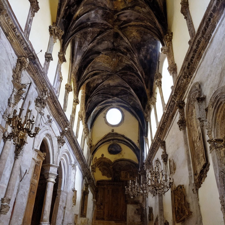 Ornate church interior with vaulted ceiling and skylight