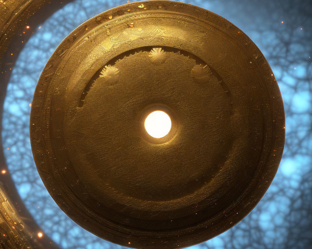 Circular Metallic Structure with Glowing Patterns and Bright Core against Blurred Lights and Tree Branches