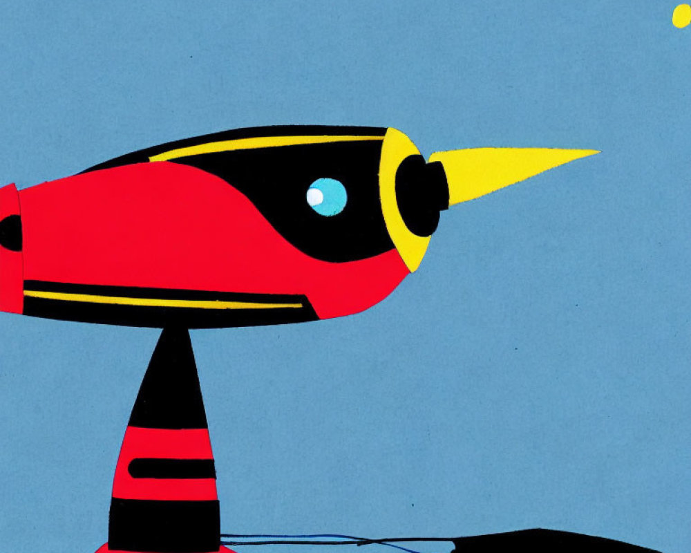 Stylized red and black spaceship with yellow tip on blue background