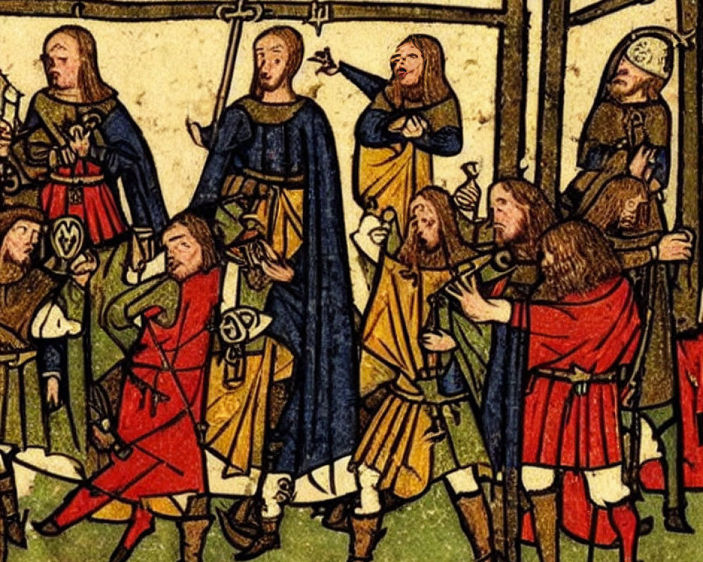 Medieval illustration of men in period clothing with swords and crowns