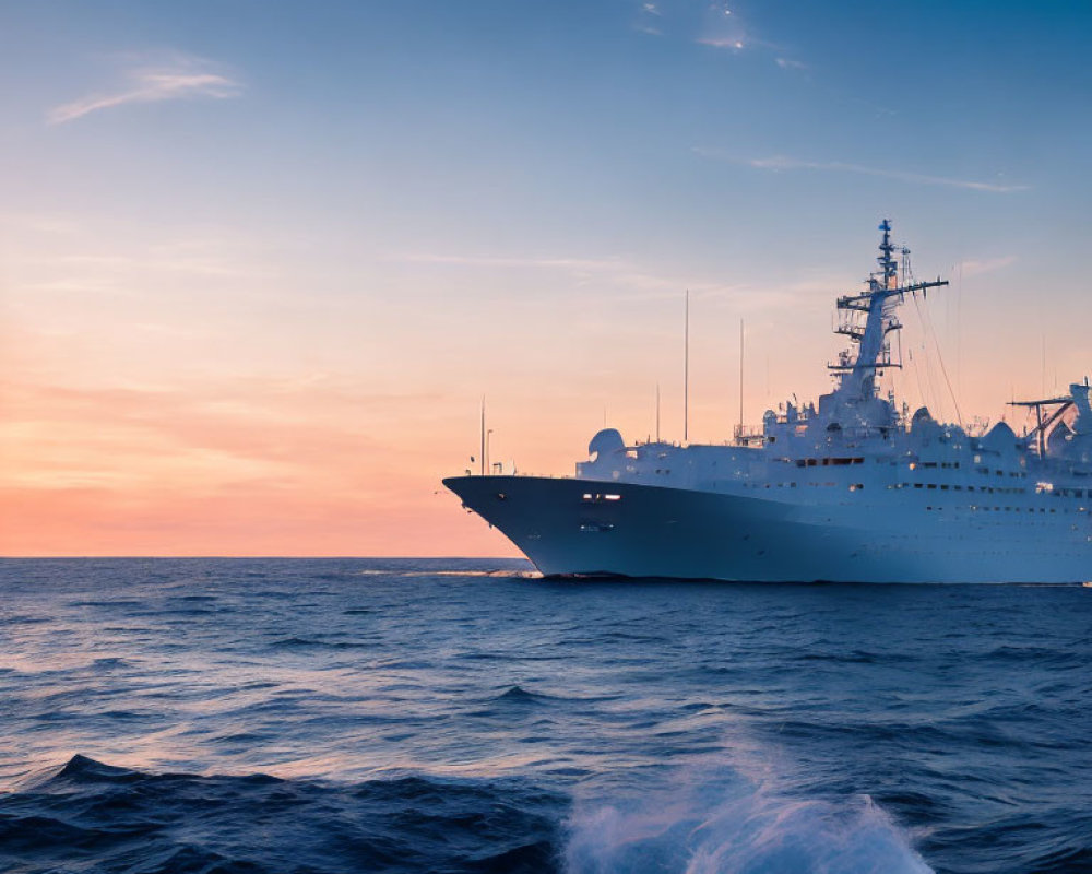 Military navy ship sailing under vibrant sunset sky over calm sea