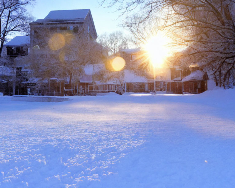 Snow-covered landscape at sunset with trees and buildings in serene winter scene