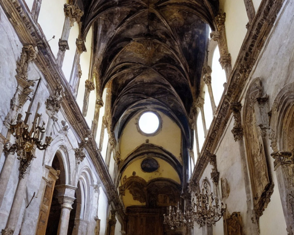 Ornate church interior with vaulted ceiling and skylight