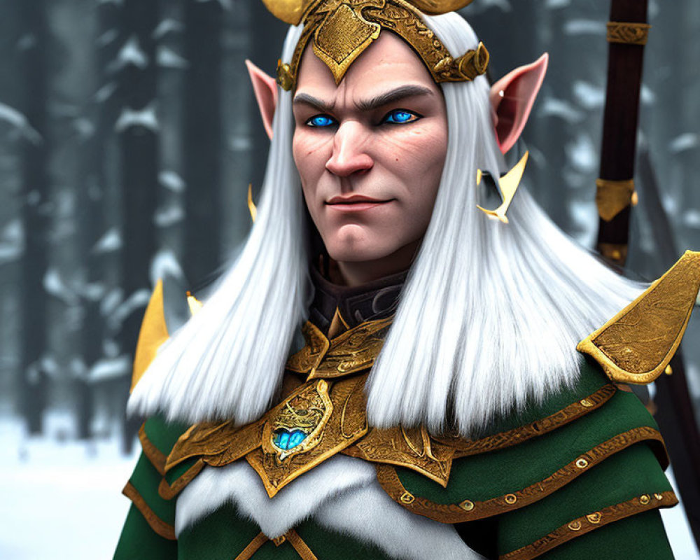 Male elf with white hair in green and gold armor against winter forest.