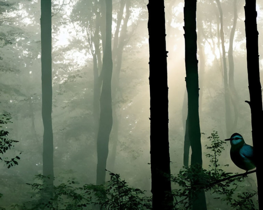 Misty forest at dawn with sunlight and bluebird on branch