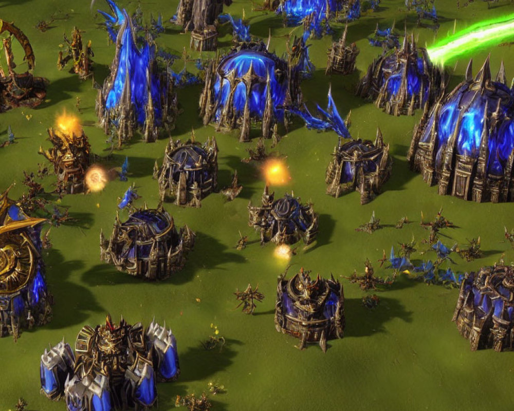 Medieval-style fantasy game landscape with burning structures and mystical blue energy towers.