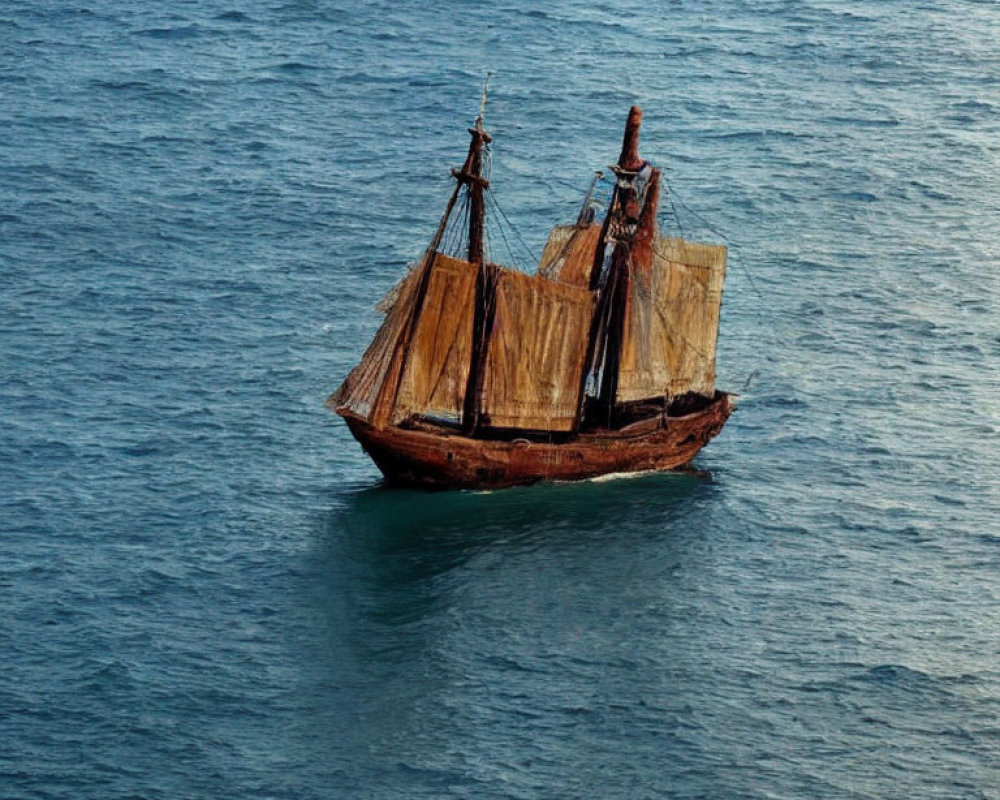 Vintage sailing ship with brown sails on calm blue waters