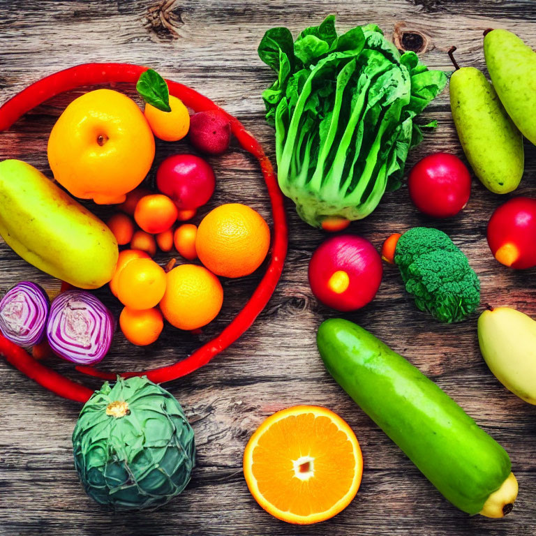 Vibrant fruits and vegetables on wooden table: citrus, squash, leafy greens