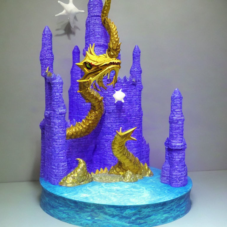 Vibrant Purple and Gold Dragon Sculpture at Towering Castle