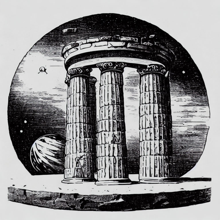 Monochrome illustration of ancient columned structure with planet and stars in circular frame