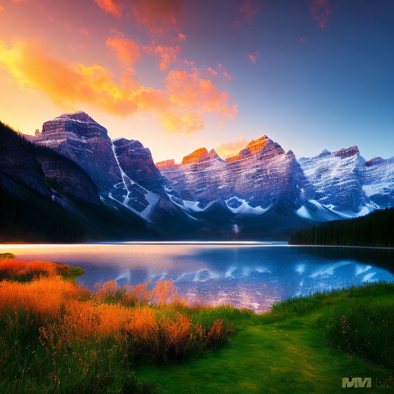 Tranquil lake at sunset with snowy mountains and orange flora