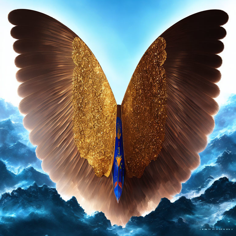 Gold and Brown Butterfly Artwork Against Blue Cloudy Sky