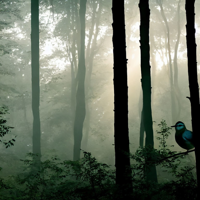 Misty forest at dawn with sunlight and bluebird on branch