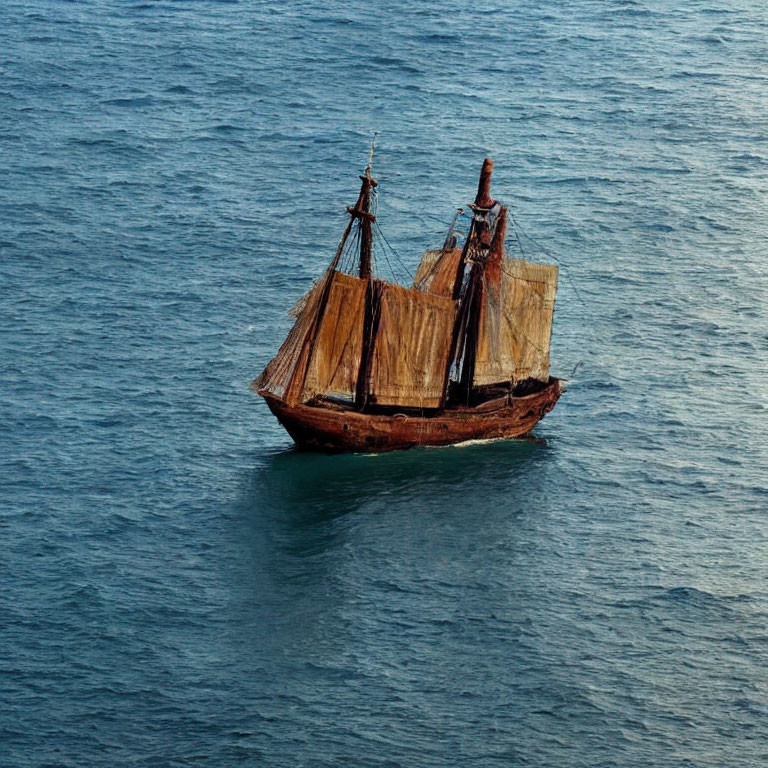 Vintage sailing ship with brown sails on calm blue waters