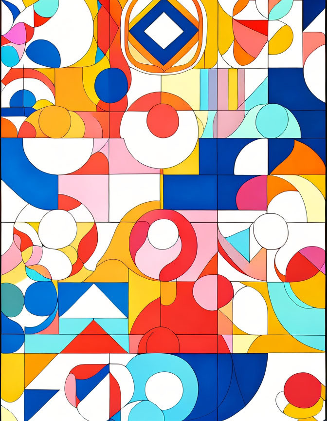 Vibrant Abstract Geometric Mosaic with Circles, Squares, and Curves