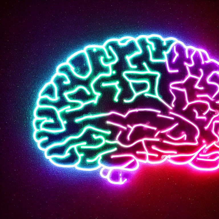 Colorful Human Brain Illustration with Neon Lighting on Dark Background