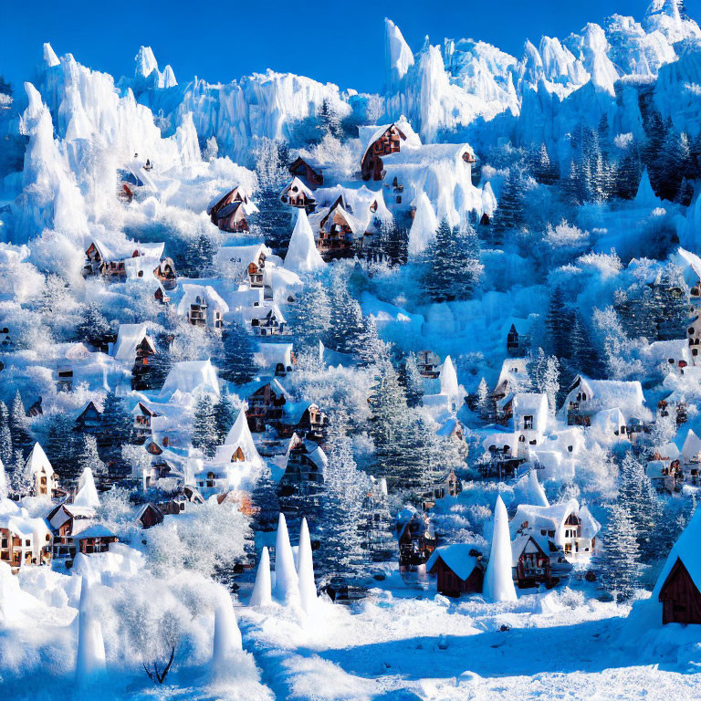 Snow-covered winter village with chalet-style houses and frost-covered trees.