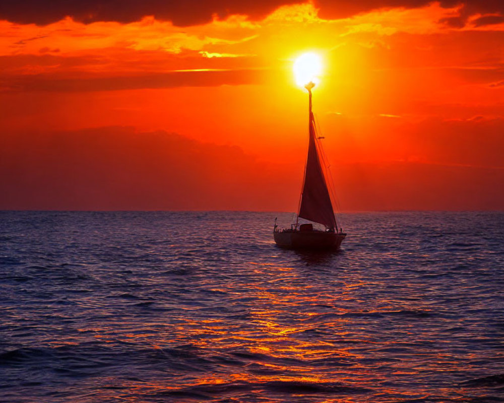 Silhouetted sailboat against fiery sunset on calm sea