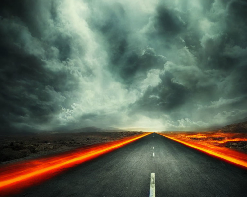 Desolate highway under tempestuous sky with glowing red light