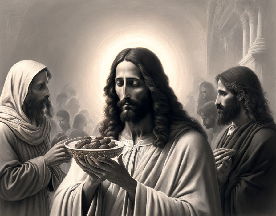 Monochromatic painting of robed man with bread bowl surrounded by figures