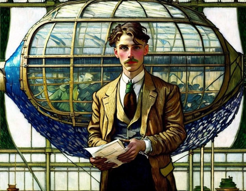 Stylized portrait of a man with a mustache in front of ornate glass dome and window