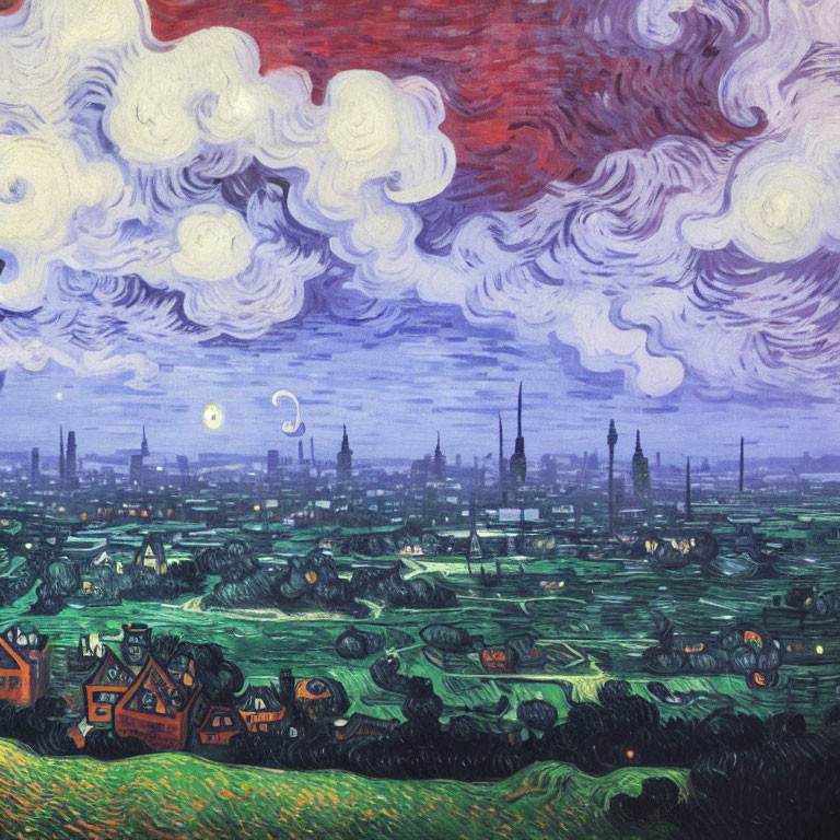 Cityscape under swirling night sky with crescent moon and stars above green fields.