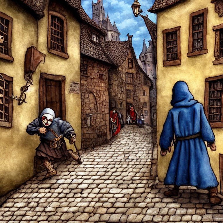 Cloaked figure on cobblestone street with medieval characters.