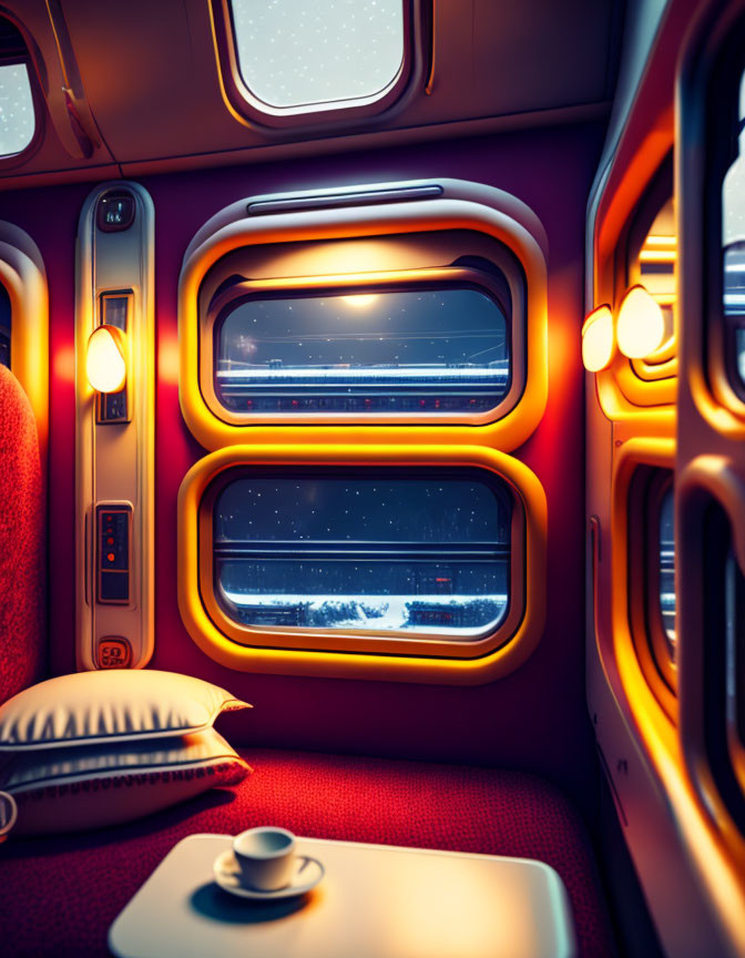 Warmly Lit Train Cabin Interior with Comfortable Seating and Snowy View