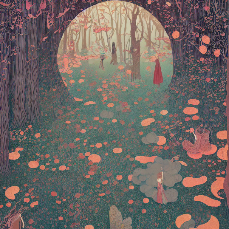 Illustration of mystical forest with vibrant flora and fairytale characters