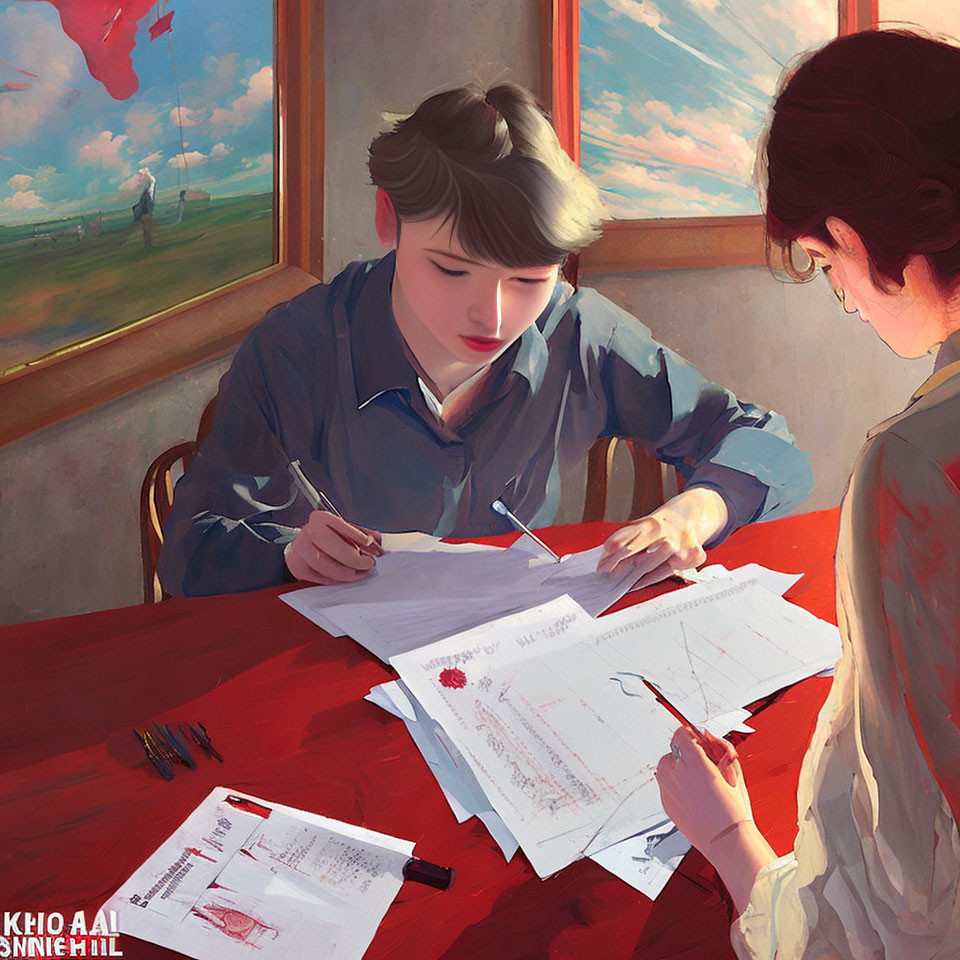 Two individuals reviewing documents at a table with sunlight and pastoral landscape.